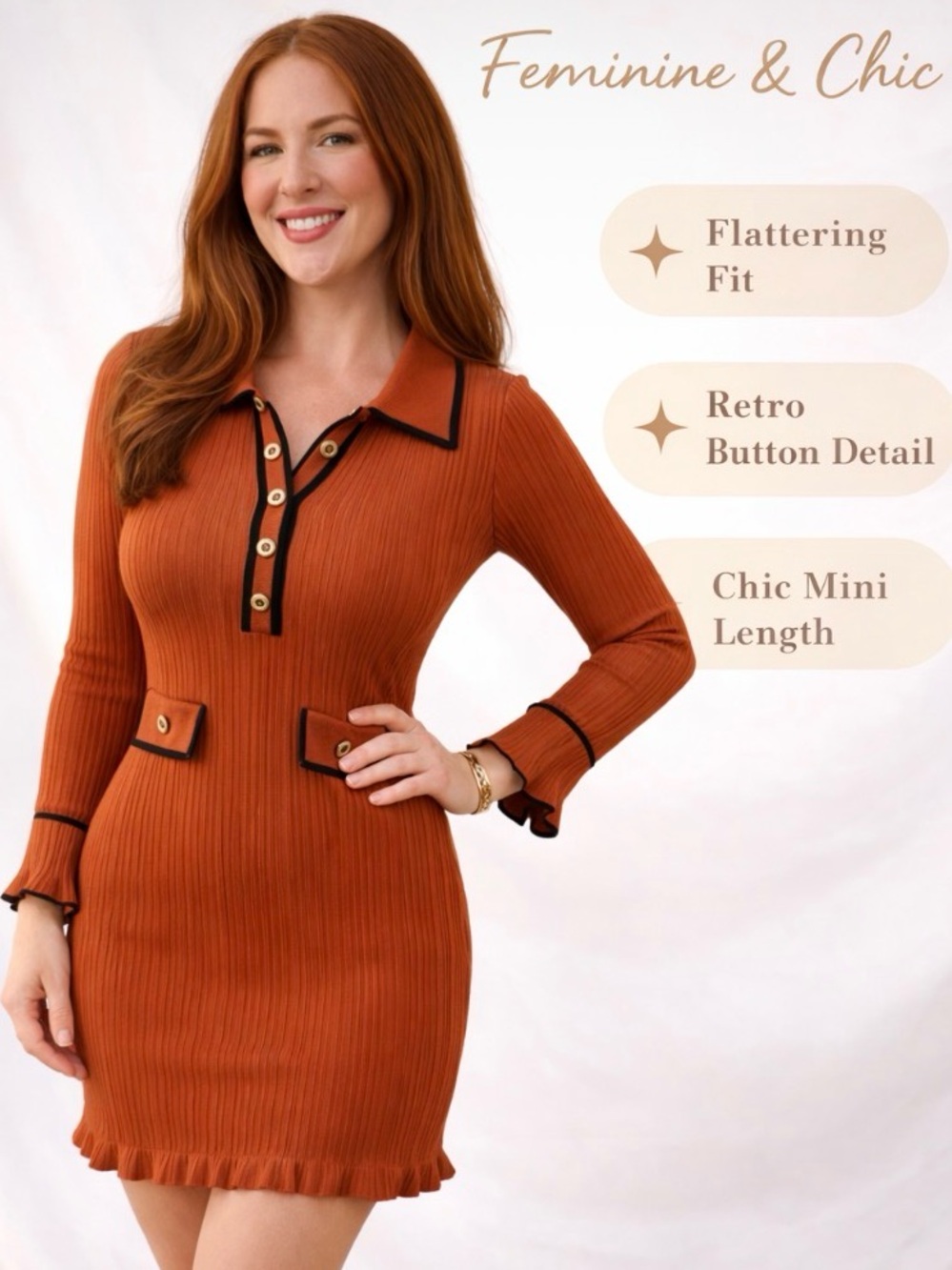 Cider Ribbed Long-Sleeve Polo Dress in Burnt Orange with Black Trim